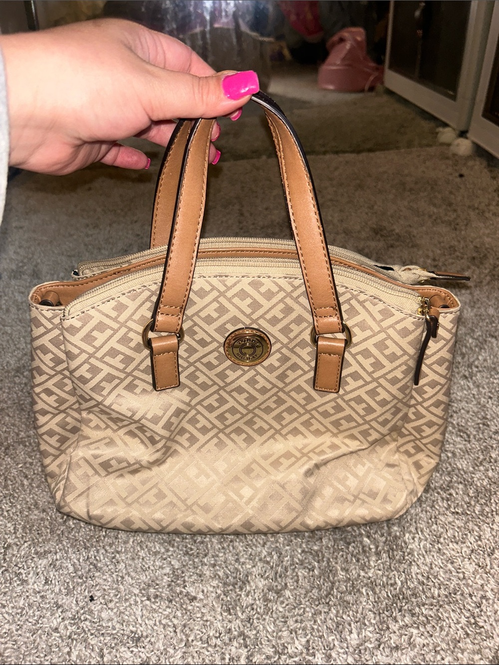 Tommy Hilfiger Beige Monogram Satchel with Tan Handles